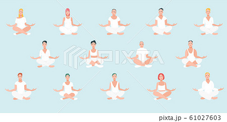 Group of men and women performing yoga exercise. Female and male cartoon character sitting Group of men and women performing yoga exercise. Female and male cartoon character sitting 61027603