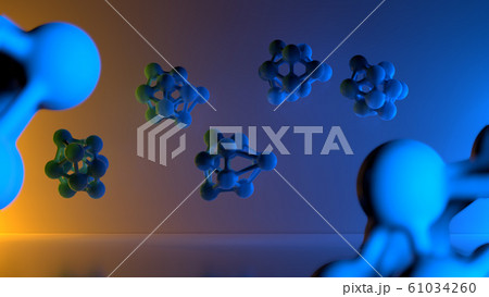 molecule colorful illustration over orange and blue lit background. 3d illustration 61034260