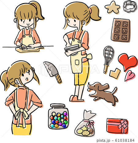 バレンタインデー お菓子を作る女の子 色ずらしのイラスト素材