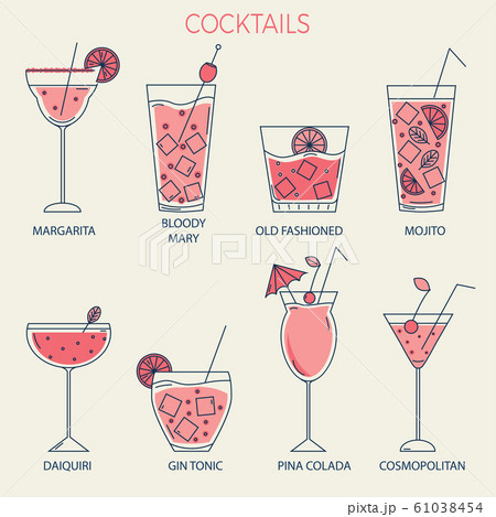 Set of linear style glasses with cocktails in pink tones. 61038454