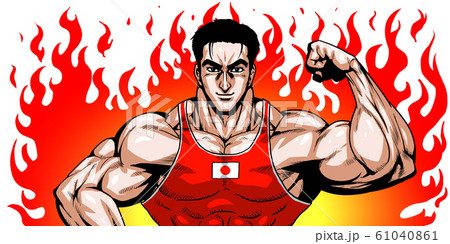 オリンピック スポーツ 日本代表 劇画 漫画 筋肉 ボディビル マッチョ ポーズ 正面 白背景 のイラスト素材