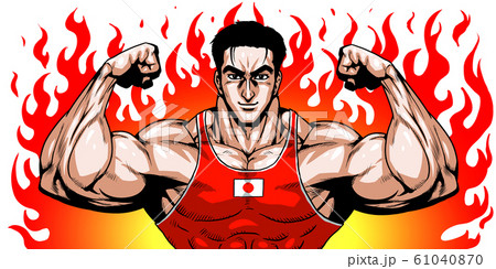 オリンピック スポーツ 日本代表 劇画 漫画 筋肉 ボディビル マッチョ ポーズ 正面 白背景 のイラスト素材