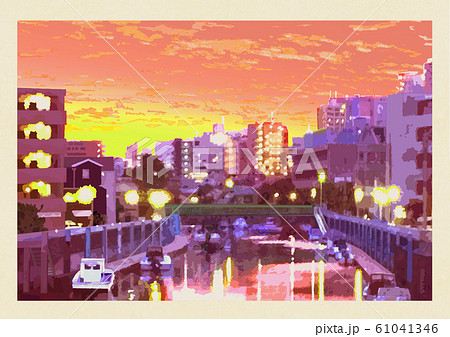 呑川の夕焼け風景（オレンジ輪郭なし） 61041346