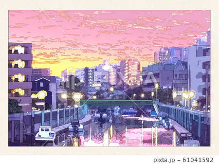 呑川の夕焼け風景 ピンク輪郭あり のイラスト素材