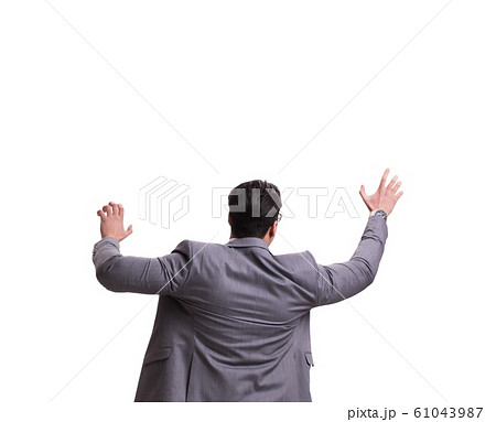 Businessman climbing virtual obstacle isolated on white 61043987