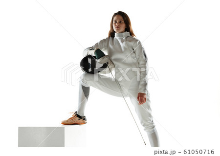 Teen girl in fencing costume with sword in hand isolated on white background 61050716