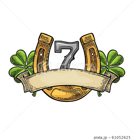Four leaf clover, horseshoe, number seven, ribbon. 61052625