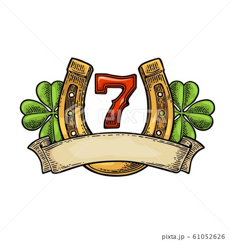 Four Leaf Clover Horseshoe Number Seven Ribbon のイラスト素材