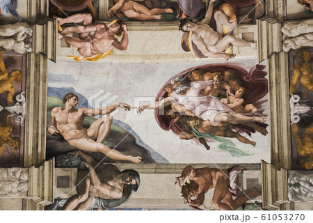Vatican, Italy - October 6, 2016: Detail of the Universal Judgement inside the Sistine Chapel in Vatican City. Vatican, Italy - October 6, 2016: Detail of the Universal Judgement inside the Sistine Chapel in Vatican City. 61053270