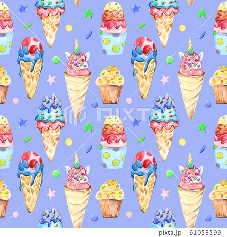 Illustration seamless pattern drawn by watercolor confectionery: cakes, muffins on the background. Illustration seamless pattern drawn by watercolor confectionery: cakes, muffins on the background. 61053599