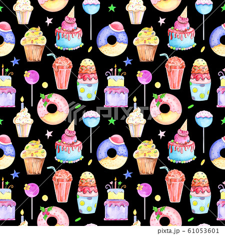 Illustration seamless pattern drawn by watercolor confectionery: cakes, muffins on the background. Illustration seamless pattern drawn by watercolor confectionery: cakes, muffins on the background. 61053601