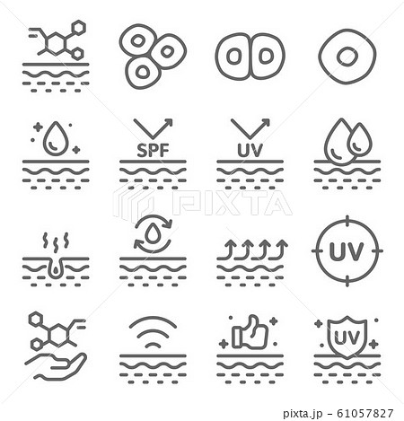 Healthy Skin icons set vector illustration. Contains such icon as Skin Care, UV Protection, Cell, Dry Skin and more. Expanded Stroke 61057827