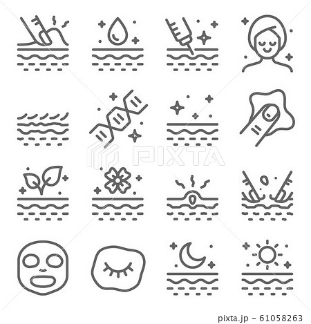 Skin Care Vector Line Icon Set. Contains such Icons as Moisturizing, Face Mask, Dermatology, Collagen, Skin Care and more. Expanded Stroke 61058263
