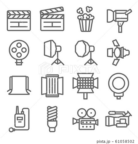Movie Icon Set. Contains such Icons as Slate, Backdrop, Spotlight, Bulb, Video Camera and more. Expanded Stroke Movie Icon Set. Contains such Icons as Slate, Backdrop, Spotlight, Bulb, Video Camera and more. Expanded Stroke 61058502