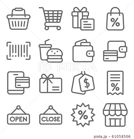 Shopping Vector Line Icon Set. Contains such Icons as Wallet, Basket, Cart, Barcode, Bill and more. Expanded Stroke 61058506