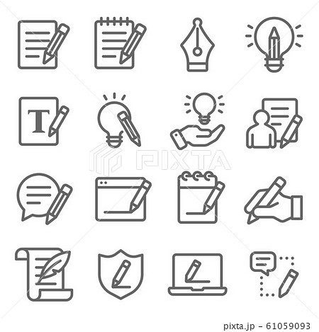 Copywriting icons set vector illustration. Contains such icon as content, writing, ideation, storytelling, editing and more. Expanded Stroke Copywriting icons set vector illustration. Contains such icon as content, writing, ideation, storytelling, editing and more. Expanded Stroke 61059093