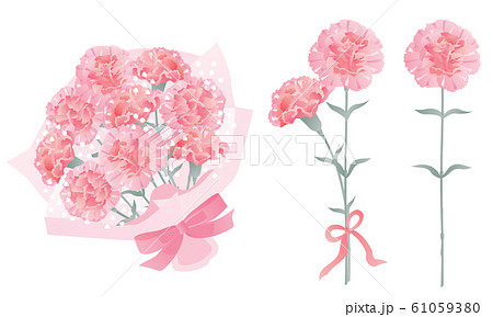 母の日のピンクのカーネーションの花束や一輪と二輪のセットのイラスト素材