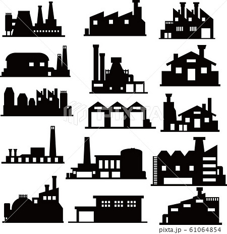 イラスト素材 工場 産業 電力 電気建物 シルエット セットのイラスト素材