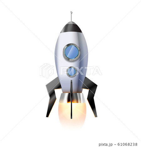 Cute cartoon rocket with illuminators and hot bright fire from nozzle, flying spaceship on white Cute cartoon rocket with illuminators and hot bright fire from nozzle, flying spaceship on white 61068238