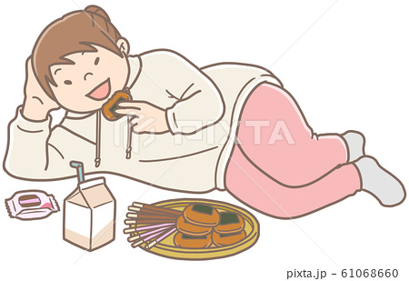 横になってお菓子を食べるぽっちゃり女性のイラストのイラスト素材 61068660 Pixta