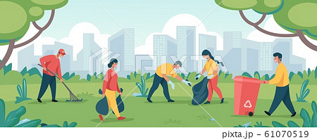 Volunteers clean garbage. Happy people community collecting trash at park territory or forest. Vector cartoon characters volunteering Volunteers clean garbage. Happy people community collecting trash at park territory or forest. Vector cartoon characters volunteering 61070519