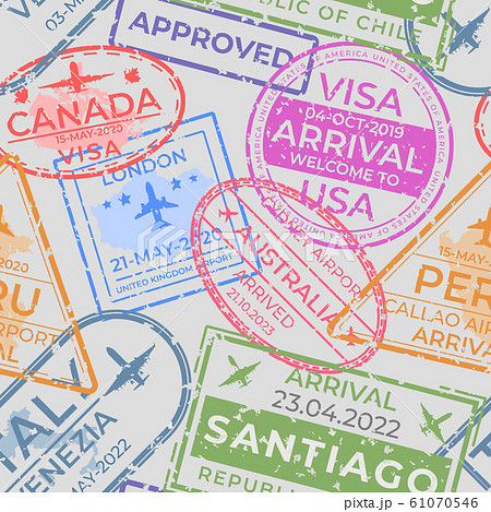 Passport stamps pattern. Seamless page with airport arrival and departure stamps, travel and immigration elements. Vector texture Passport stamps pattern. Seamless page with airport arrival and departure stamps, travel and immigration elements. Vector texture 61070546