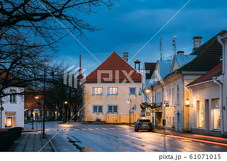 Kuressaare, Estonia. Building Of Noble Assembly And Kuressaare Town Hall At Lossi Street In Evening Or Night Illuminations Kuressaare, Estonia. Building Of Noble Assembly And Kuressaare Town Hall At Lossi Street In Evening Or Night Illuminations 61071015
