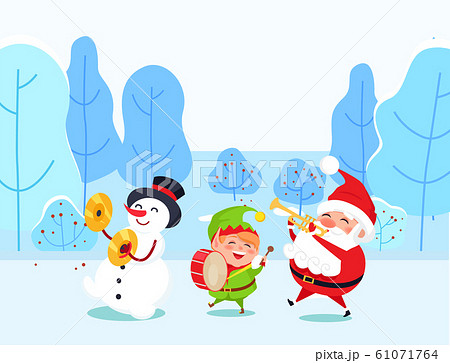 Santa and Snowman with Elf in Winter Park Vector 61071764