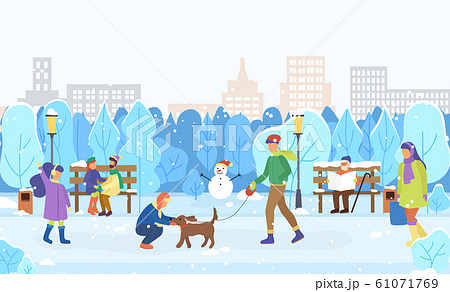 Winter Scenery, City and Citizens Playing Outdoors 61071769