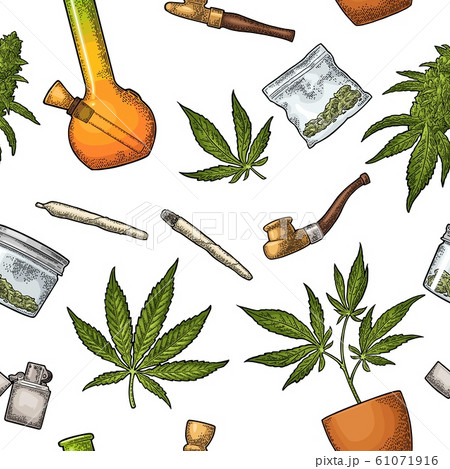 Seamless Pattern With Marijuana Leaf Vintageのイラスト素材