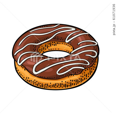 Donut with chocolate icing and white stripes. Donut with chocolate icing and white stripes. 61071936