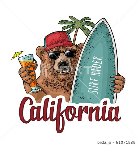 Bear Holding Surfboard And Cocktail Vintage Blackのイラスト素材