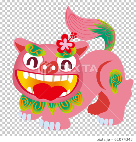 横向きのピンクのメスのシーサーのイラスト 沖縄県 旅行のイメージイラストのイラスト素材