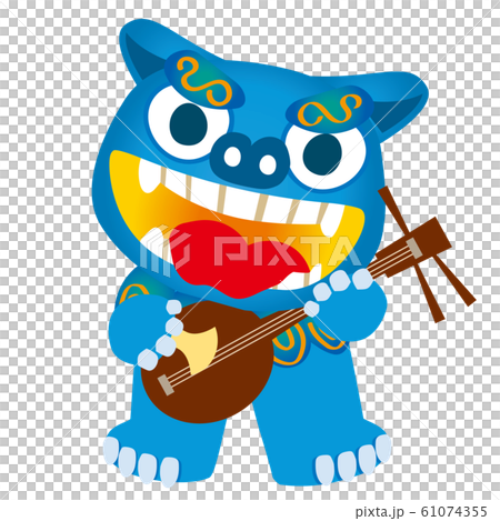 三線を弾くブルーのオスの笑顔のシーサーのイラスト 沖縄県 旅行のイメージイラストのイラスト素材
