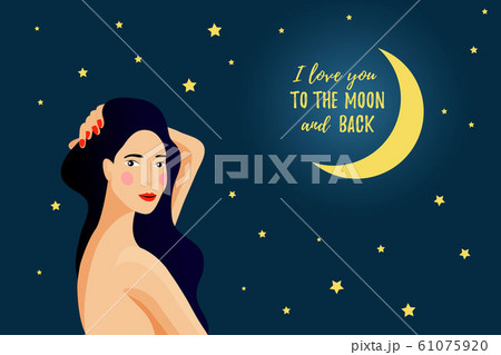 I love you to the moon and back poster. Greeting card with a beautiful girl on starry night 61075920