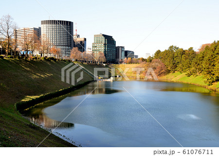 東京　晩秋の皇居周辺　桜田濠と都市風景 61076711