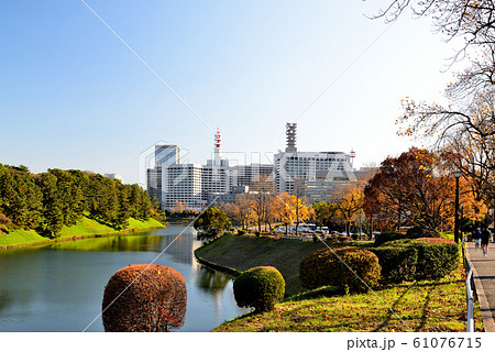 東京　晩秋の皇居周辺　桜田濠と都市風景 61076715