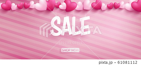 Valentine banner with SALE typography in paper craft style hanging by realistic hearts on top over pink pattern oblique line background Valentine banner with SALE typography in paper craft style hanging by realistic hearts on top over pink pattern oblique line background 61081112