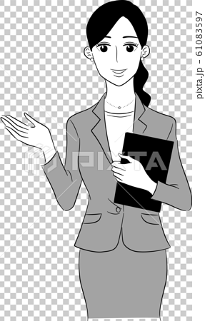 ビジネススーツを着た女性のイラスト 白黒のイラスト素材