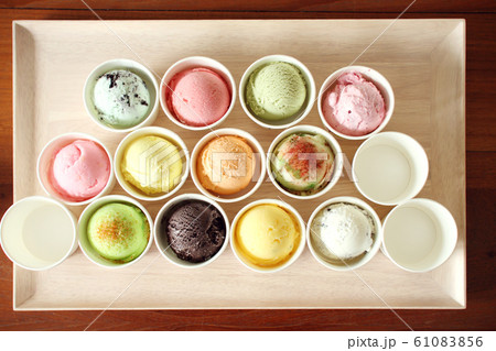 sweet and colorful ice cream scoop on wooden plate sweet and colorful ice cream scoop on wooden plate 61083856