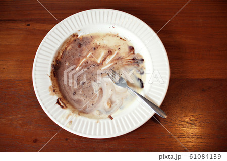 plate with remainder of chocolate ice cream plate with remainder of chocolate ice cream 61084139