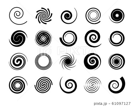 Spirals. Twisted swirl, circle twirl and circular wave elements, psychedelic hypnosis symbols, black geometric digital drawing, vector set Spirals. Twisted swirl, circle twirl and circular wave elements, psychedelic hypnosis symbols, black geometric digital drawing, vector set 61097127