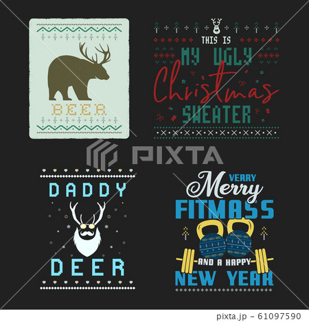 Funny Christmas graphic prints set, t shirt designs for ugly sweater xmas party. Holiday decor with xmas tree, bear, fitness gear texts and ornaments. Fun typography. Stock vector Funny Christmas graphic prints set, t shirt designs for ugly sweater xmas party. Holiday decor with xmas tree, bear, fitness gear texts and ornaments. Fun typography. Stock vector 61097590