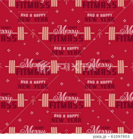 Merry Fitmass seamless pattern, graphic print for ugly sweater xmas party, decoration with barbell and kettlebell. Fun typography quote. Stock vector red background illustration. Retro design Merry Fitmass seamless pattern, graphic print for ugly sweater xmas party, decoration with barbell and kettlebell. Fun typography quote. Stock vector red background illustration. Retro design 61097603