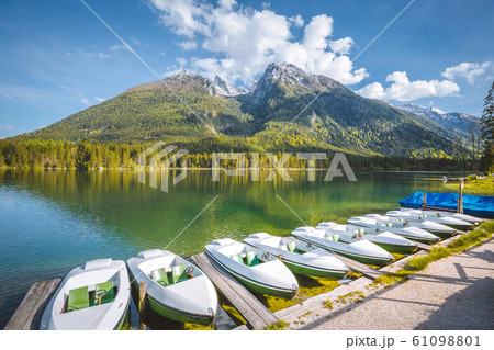 Boats at Hintersee lake in summer, Bavaria, Germany 61098801
