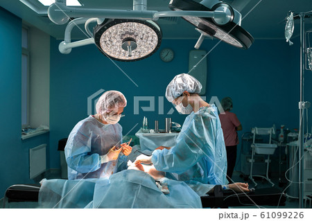 Group of surgeons in operating theater. Medical team performing surgery in operation room. Group of surgeons in operating theater. Medical team performing surgery in operation room. 61099226
