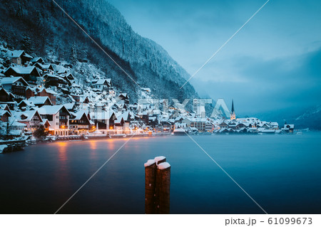Twilight view of Hallstatt in winter, Austria Twilight view of Hallstatt in winter, Austria 61099673