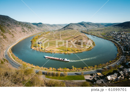 Moselle river bend with the historic town of Bremm in springtime 61099701