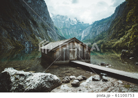 Old boat house at Lake Obersee in summer, Bavaria, Germany 61100753