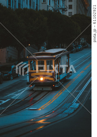 Historic San Francisco Cable Car on famous California Street at twilight, California, USA 61102921